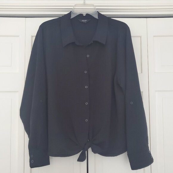 Simply Vera Vera Wang Knot-Front Roll-Tab Shirt Black XL - Picture 1 of 10